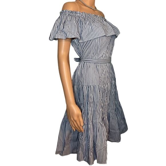 CREMIEUX Off The Shoulder Blue and White Pinstriped Dress - Picture 9 of 14